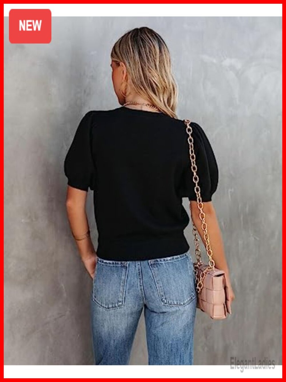 Puff Short Sleeve Crewneck Knit Pullover Sweater Lightweight Casual Top - Picture 2 of 5